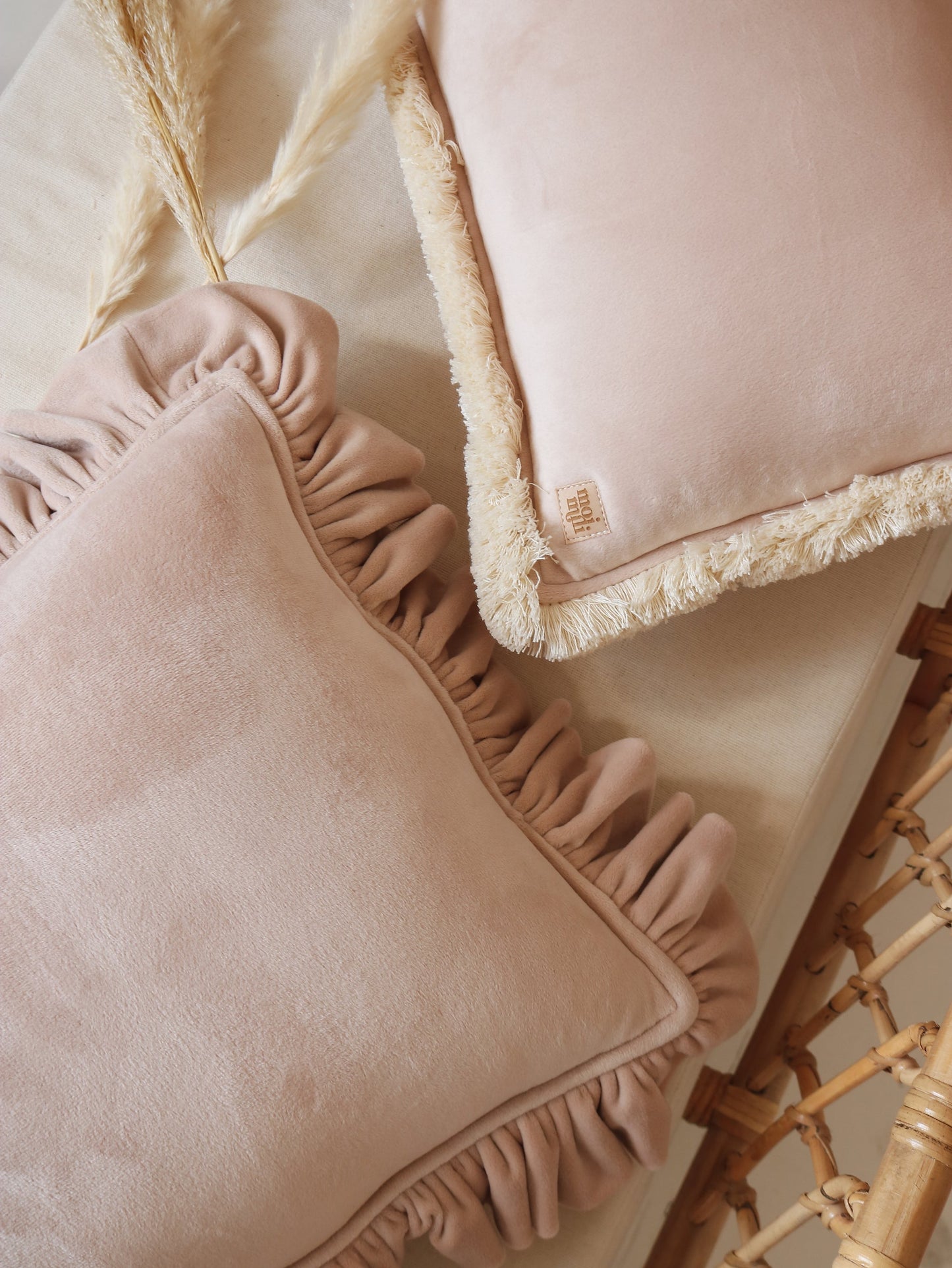 Soft Velvet "Latte" Bolster Pillow with Fringe