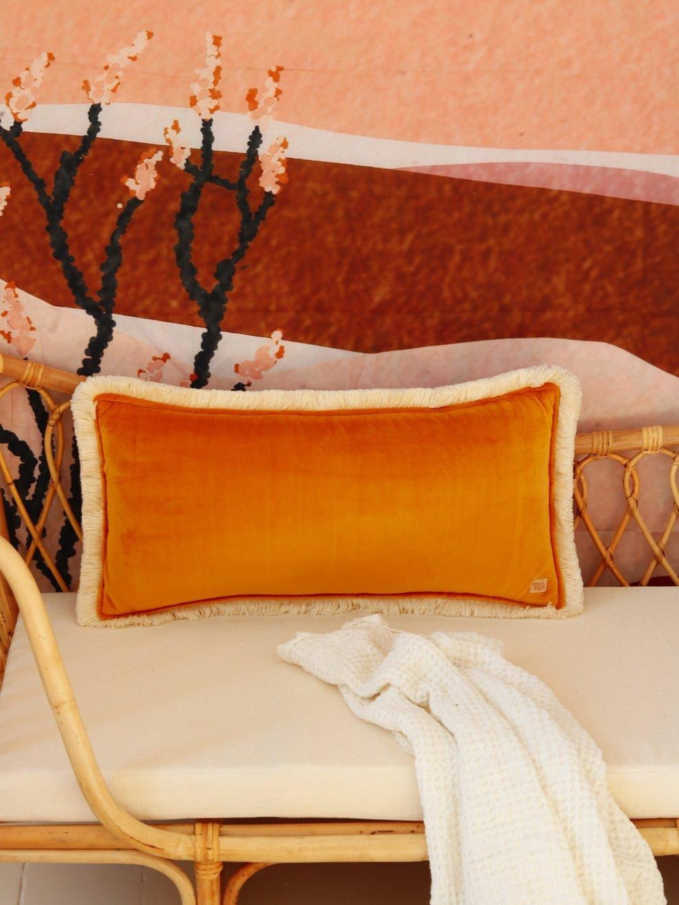 "Mustard" soft velvet bolster with fringe - Moi Mili