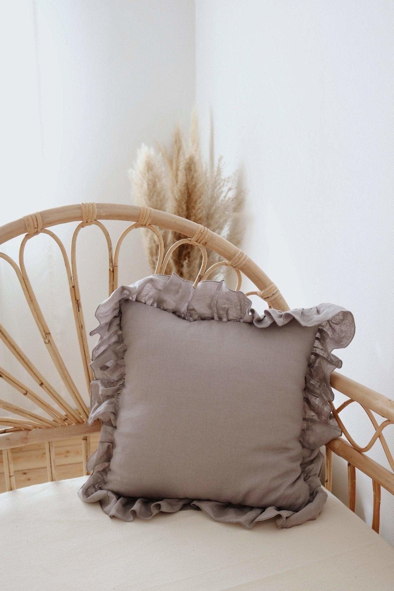 “Grey Frill” Linen Pillow Cover with Frill