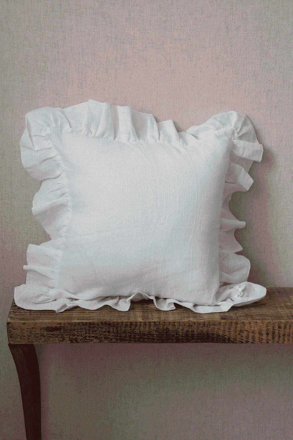 “White Frill” Linen Pillow Cover with Frill